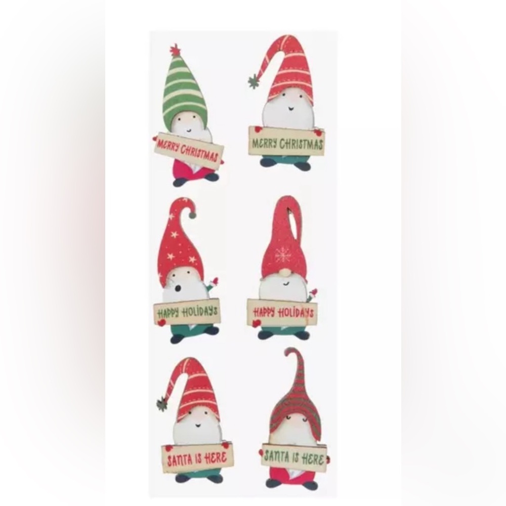Wooden Christmas Gnome 3d Stickers - 6 Pieces, NWT